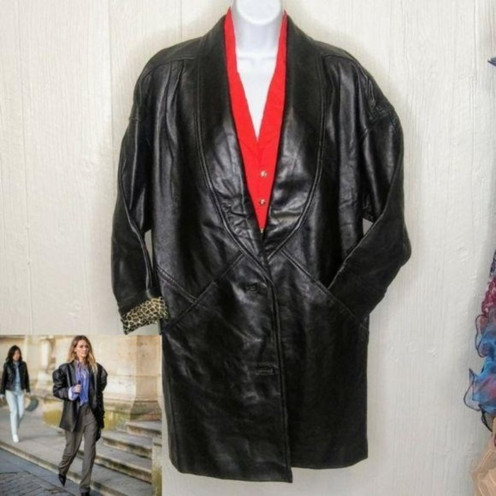 Vintage PRESTON & YORK Oversized Black Lambskin Leather Blazer Leopard Detail